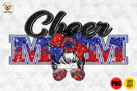 Cheer Mom, Messy Bun, Blue Red PNG